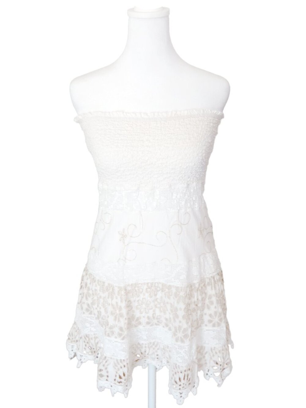 TEMPTATION POSITANO Off White Cotton Lace Embroidered Smocked Mini Tube Dress XS